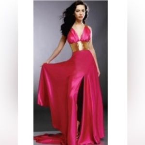 Jovani Fuchsia & Gold Beaded Gown
